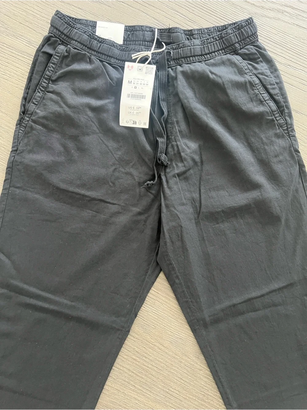 Zara Men's Relaxed Fit Cotton-Linen Pants Black Medium
